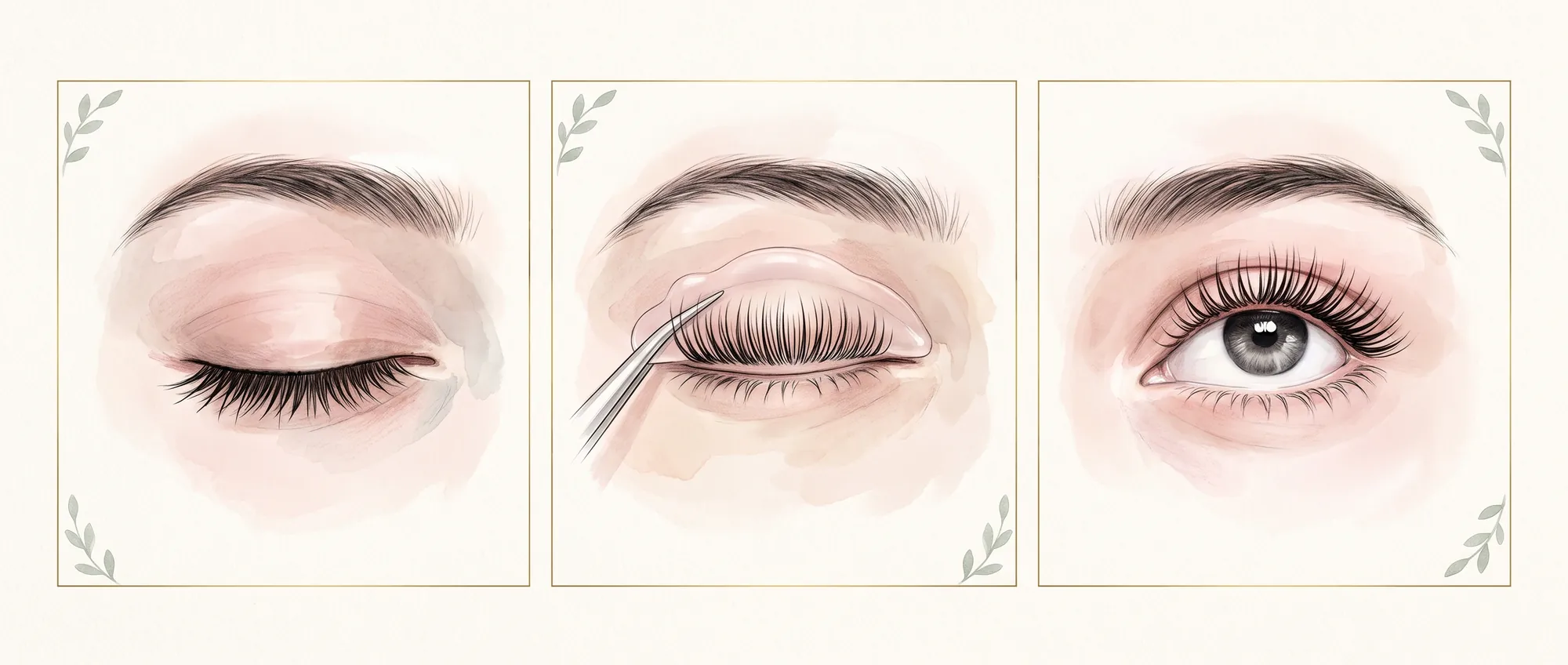 Illustrazione in tre fasi: ciglia naturali, sollevamento su pad in silicone, risultato finale