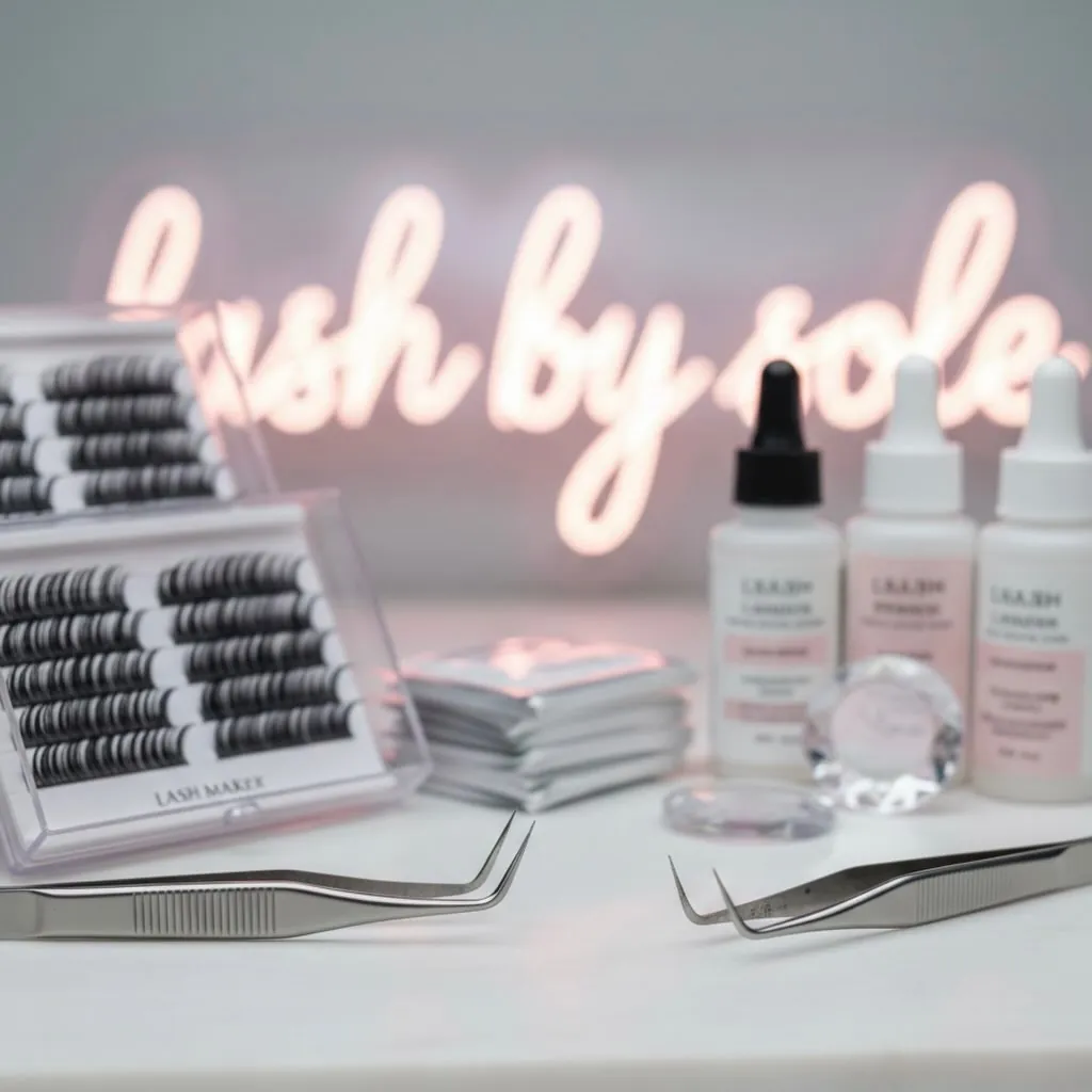 Insegna neon Lash by Sole con gli strumenti di lavoro